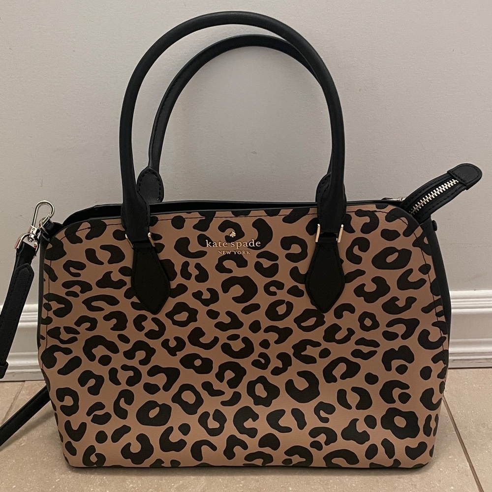 Kate Spade Leopard Print Satchel - Black and Tan Crossbody or Handles - Picture 4 of 5